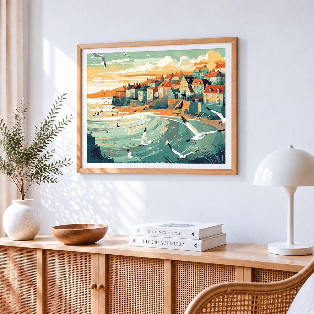 Coastal town and flying seagulls paint by numbers artwork displayed on wall as home decor