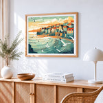 Coastal town and flying seagulls paint by numbers artwork displayed on wall as home decor