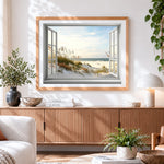 Finished coastal view through open window cross stitch artwork displayed