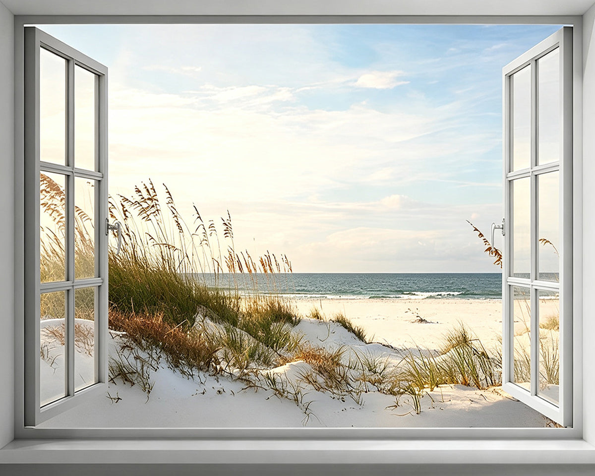 Coastal view through open window cross stitch kit for beginners