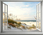 Coastal view through open window cross stitch kit for beginners