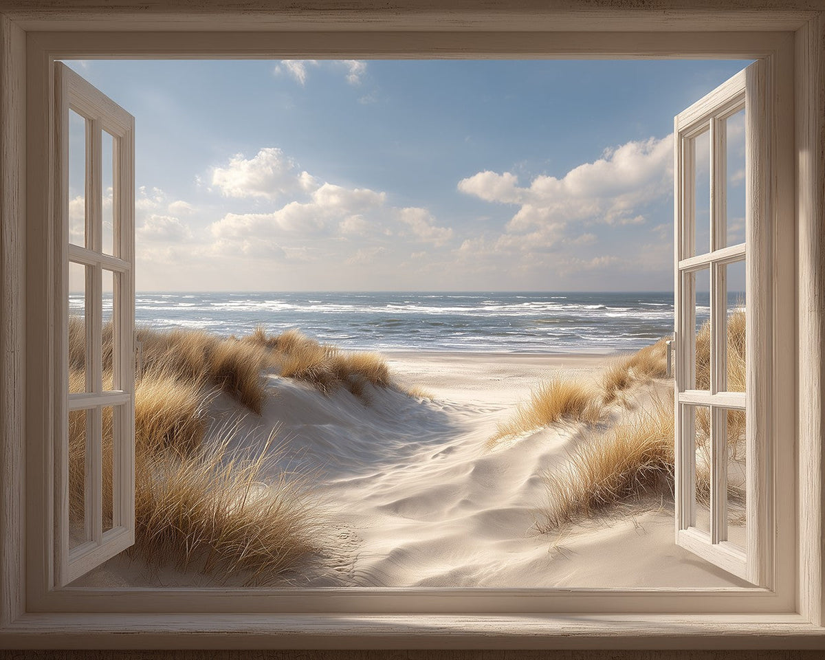 Coastal view window cross stitch kit for beginners