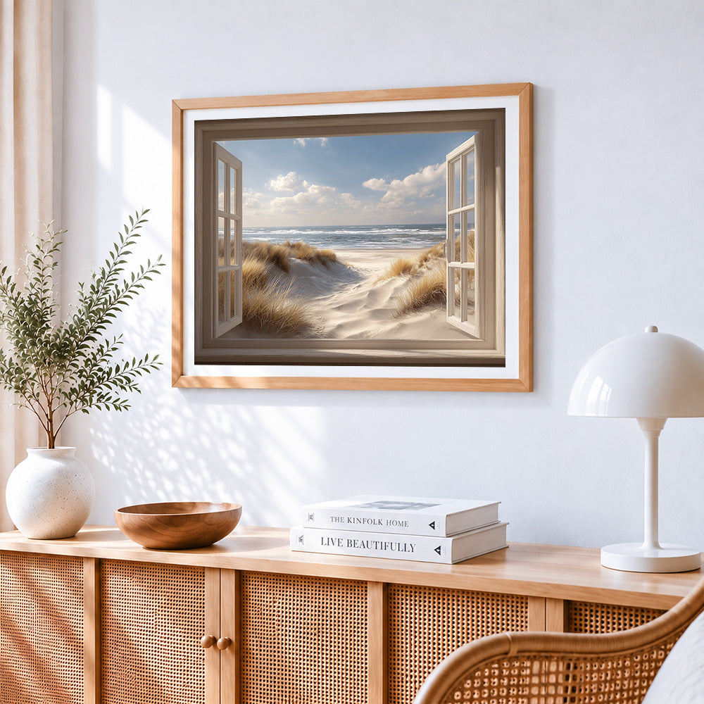 Coastal view window cross stitch artwork displayed on wall as home decor