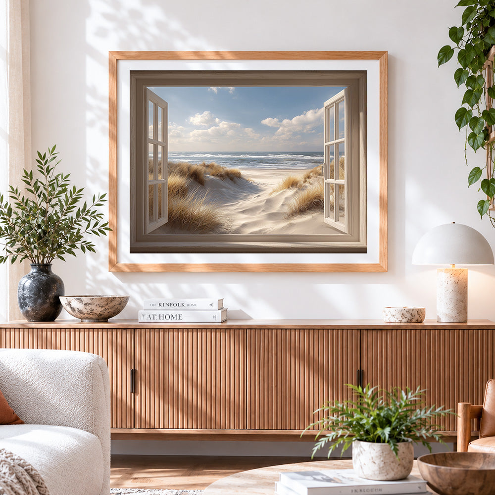 Finished coastal view window paint by numbers artwork displayed as home decor