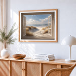 Coastal view window paint by numbers artwork displayed on wall as home decor