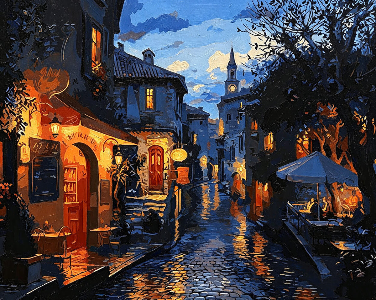 Cobblestone street at night cross stitch kit for beginners