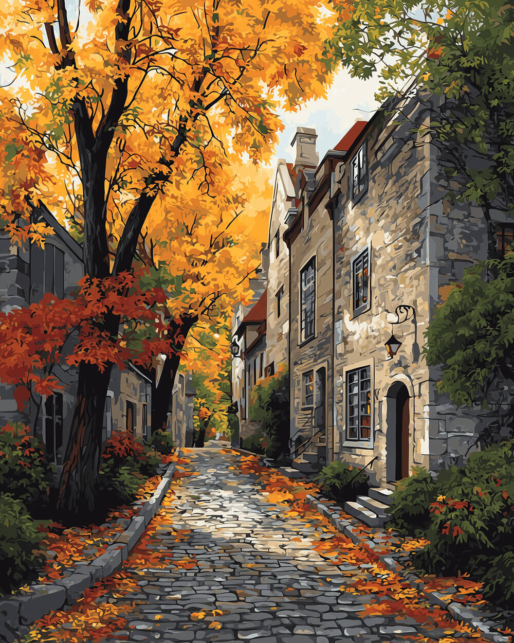Cobblestone street in autumn cross stitch kit for beginners