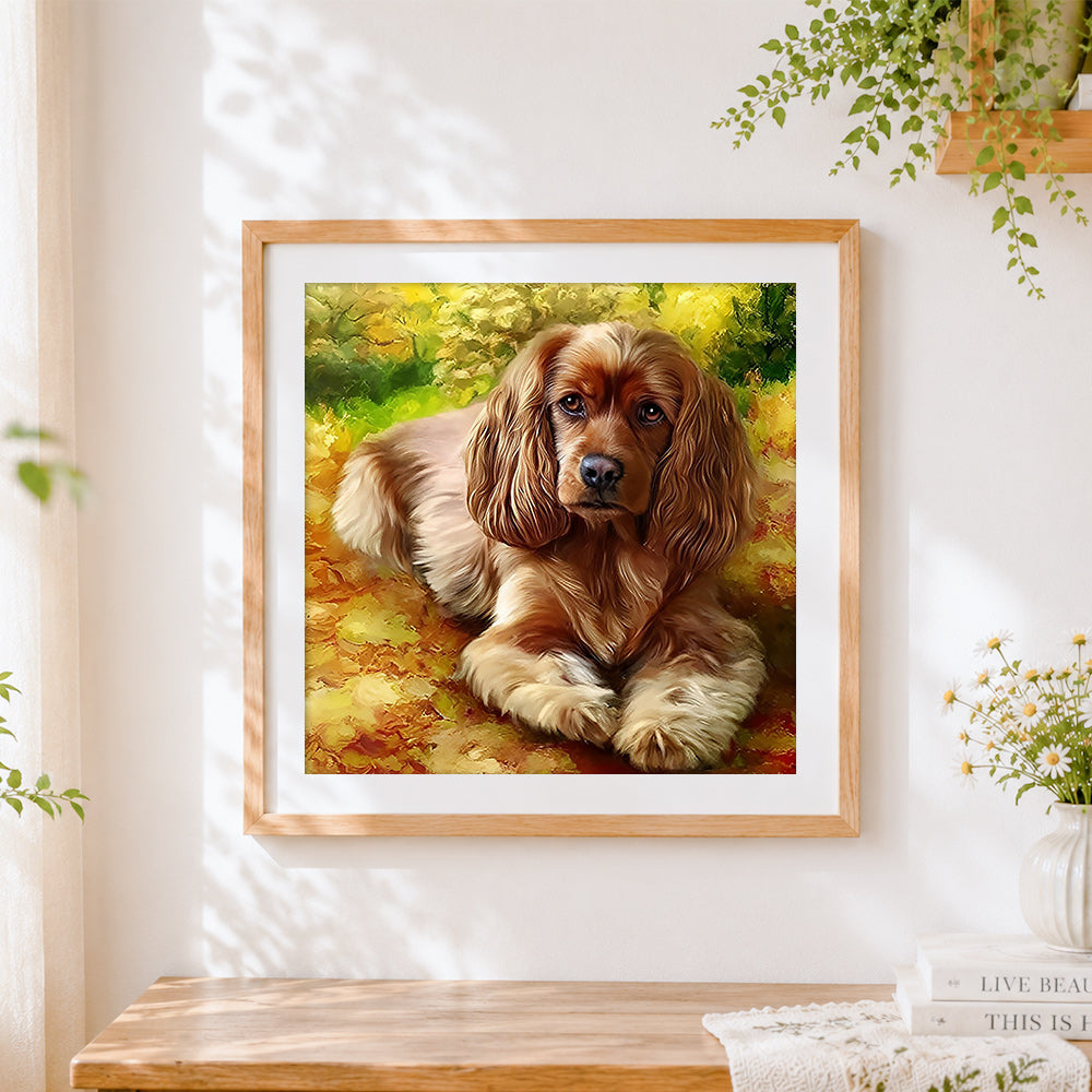 Finished cocker spaniel in autumn leaves cross stitch artwork displayed
