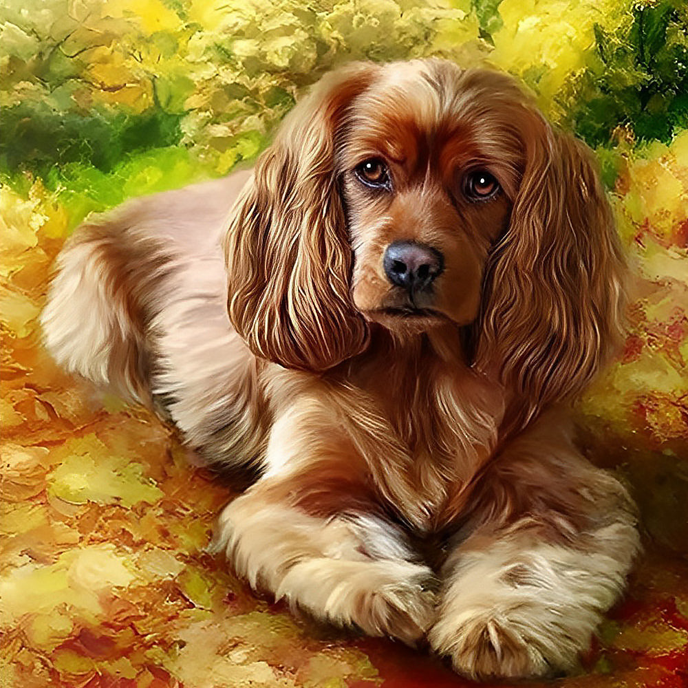 Cocker spaniel in autumn leaves cross stitch kit for beginners