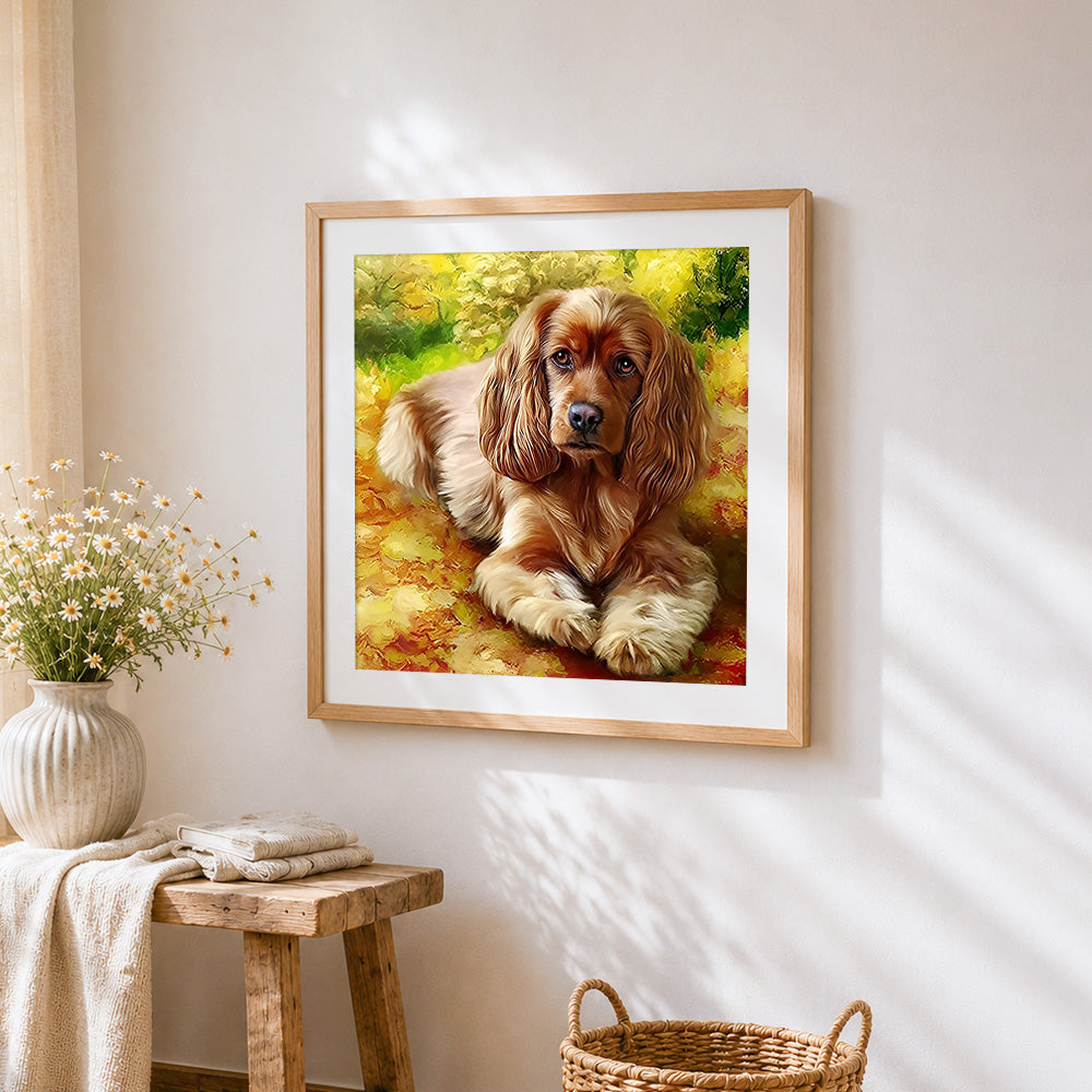 Cocker spaniel in autumn leaves cross stitch artwork displayed on wall as home decor