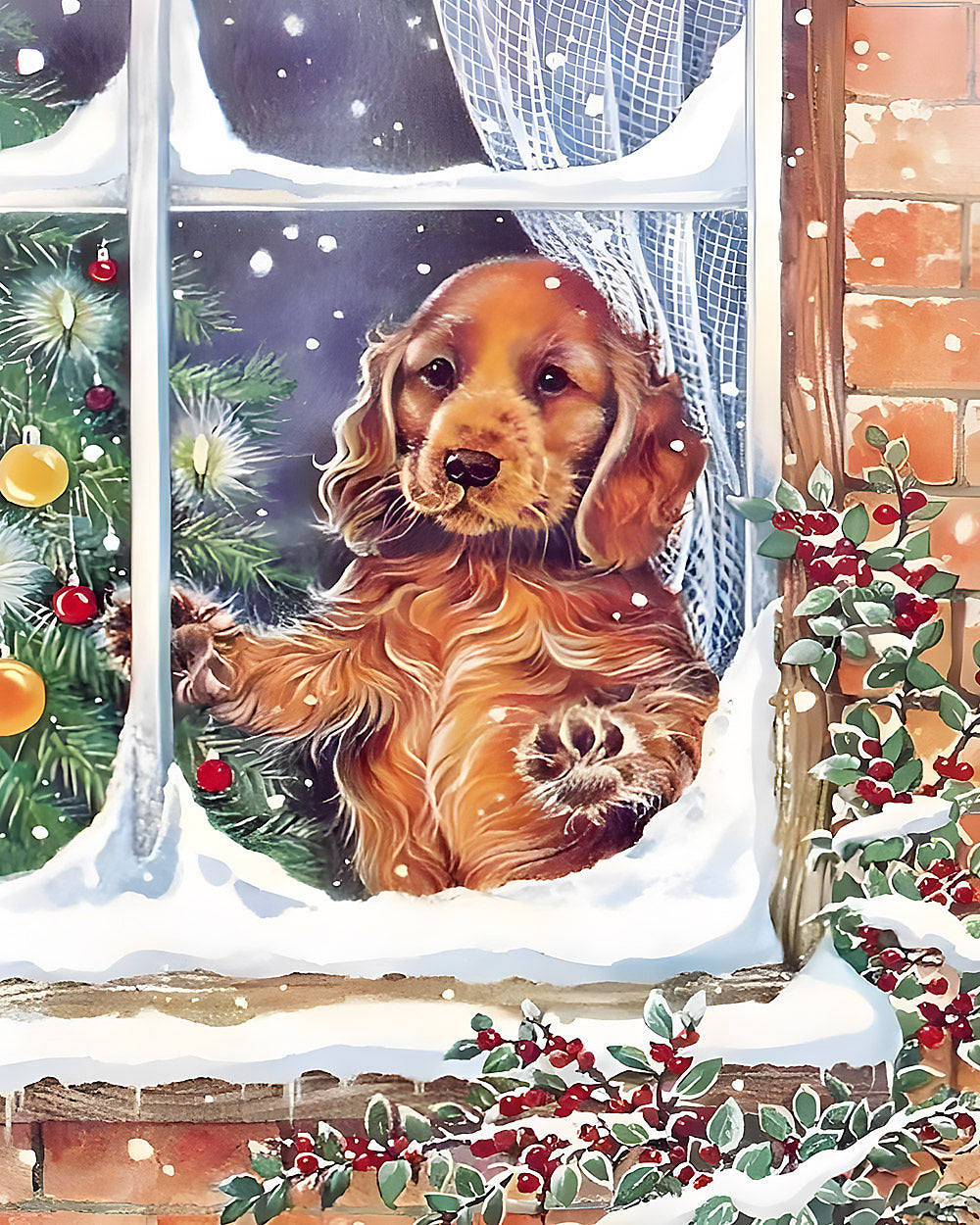 Cocker spaniel puppy looking out a snowy window cross stitch kit for beginners