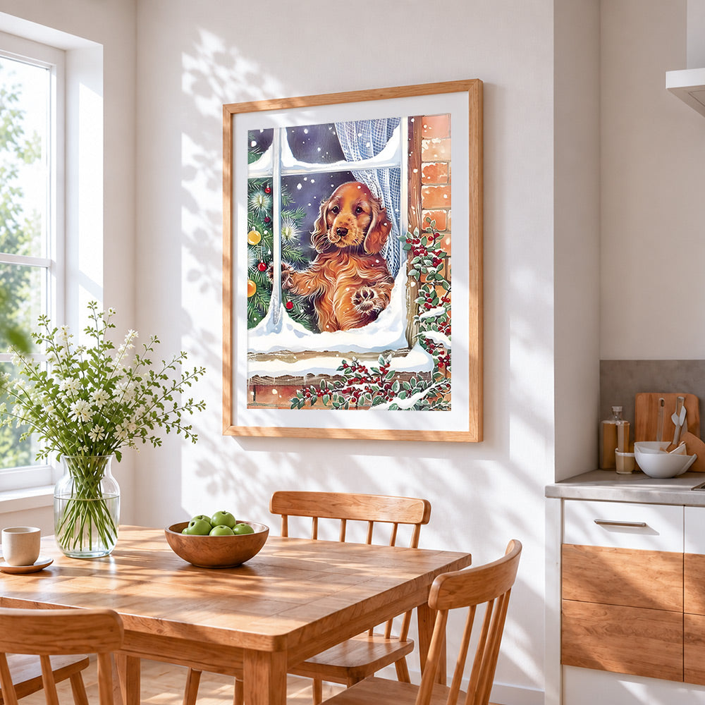 Cocker spaniel puppy looking out a snowy window paint by numbers artwork displayed on wall as home decor