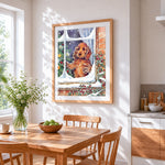 Cocker spaniel puppy looking out a snowy window paint by numbers artwork displayed on wall as home decor