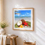 Coconuts and starfish on a tropical beach cross stitch artwork displayed on wall as home decor