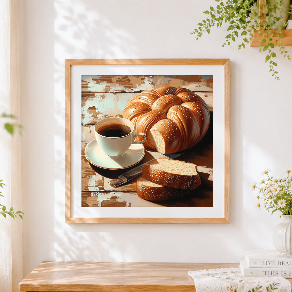 Finished coffee and braided bread cross stitch artwork displayed