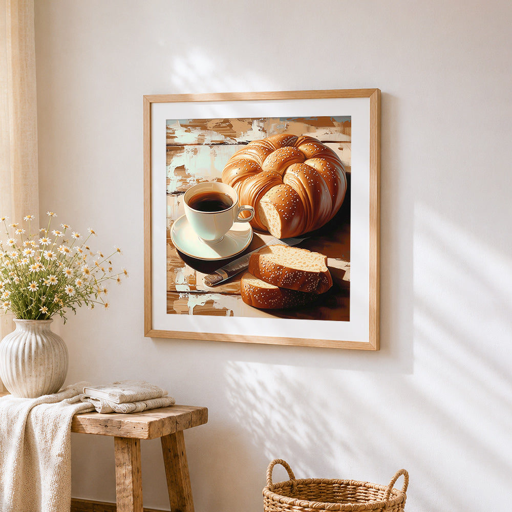 Coffee and braided bread cross stitch artwork displayed on wall as home decor