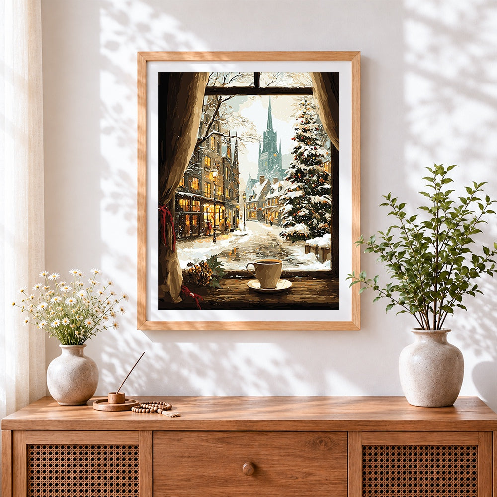 Finished coffee by the window and snowy street cross stitch artwork displayed