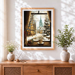 Finished coffee by the window and snowy street cross stitch artwork displayed