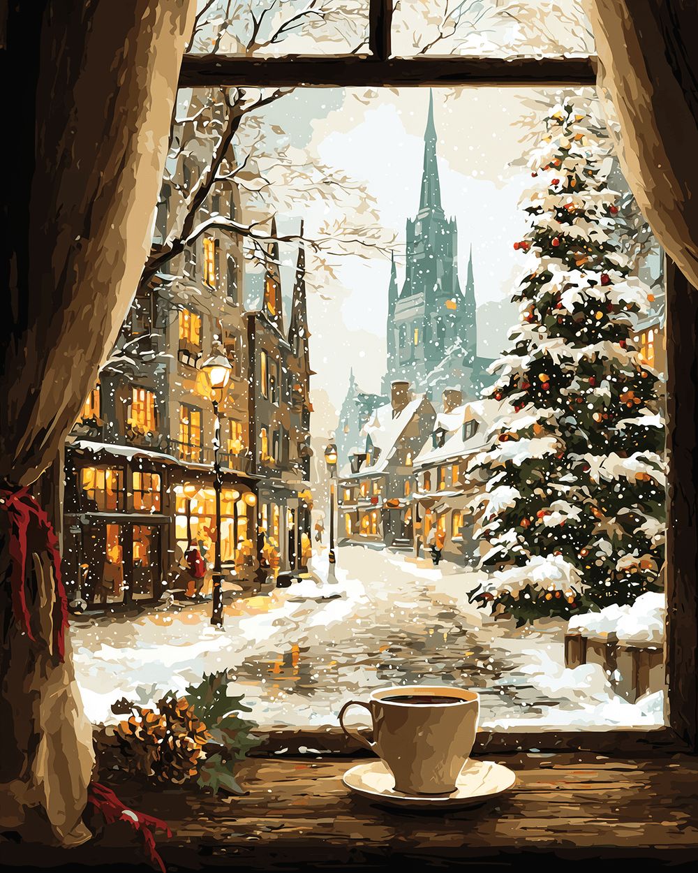 Coffee by the window and snowy street cross stitch kit for beginners
