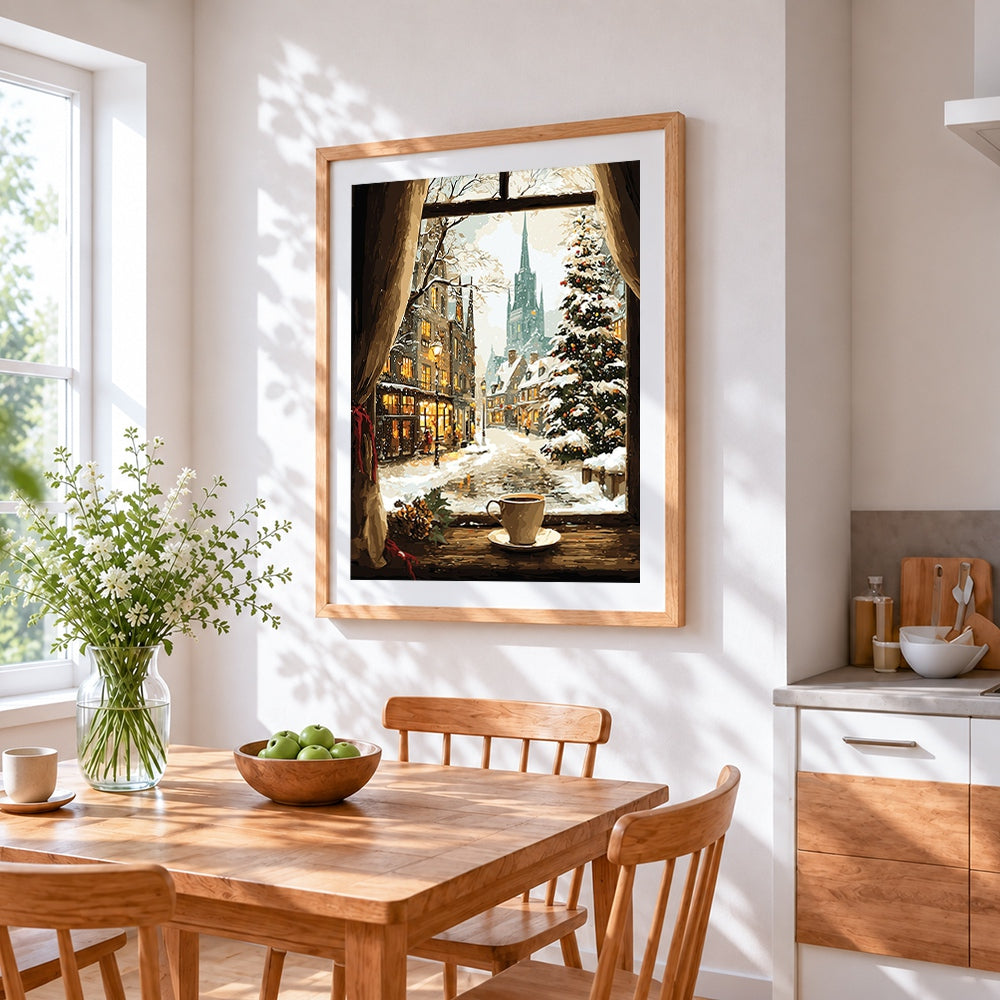 Coffee by the window and snowy street cross stitch artwork displayed on wall as home decor