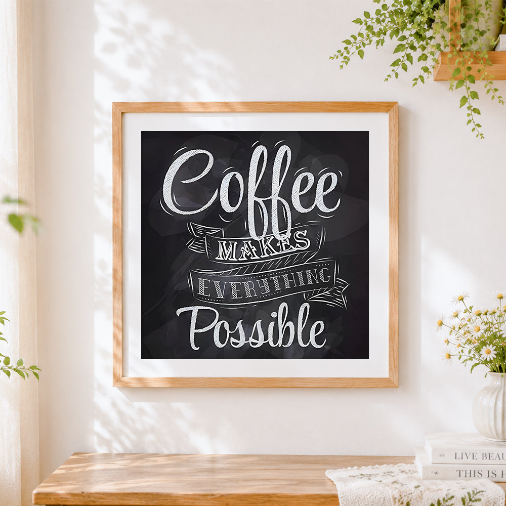 Finished coffee makes everything possible cross stitch artwork displayed