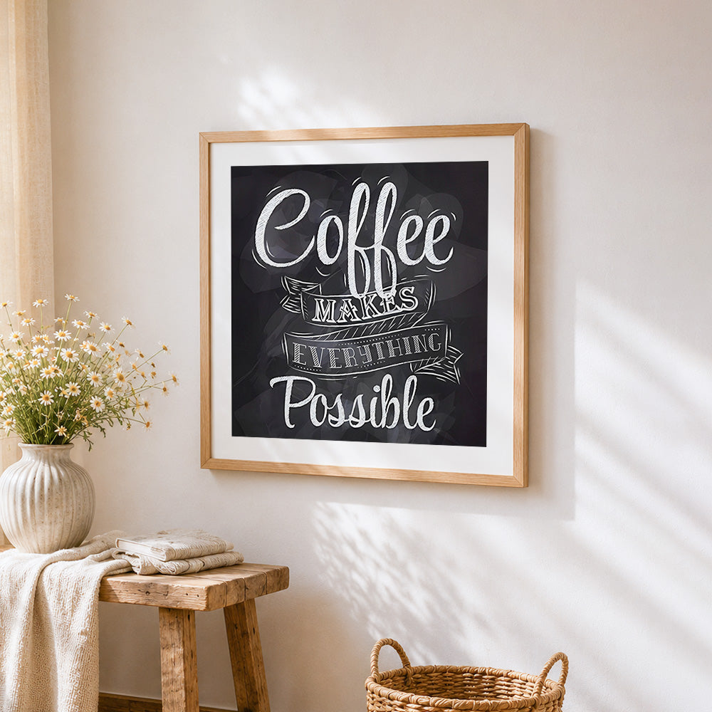 Coffee makes everything possible cross stitch artwork displayed on wall as home decor