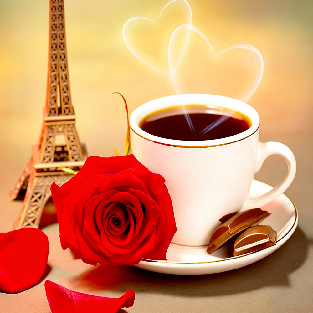 Coffee red rose and eiffel tower cross stitch kit for beginners