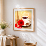 Coffee red rose and eiffel tower cross stitch artwork displayed on wall as home decor