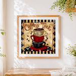 Finished coffee time vintage stacked cups cross stitch artwork displayed