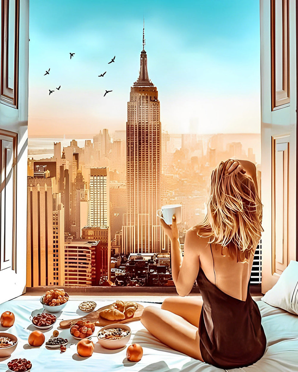 Coffee with a view of the empire state building cross stitch kit for beginners
