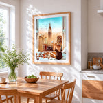 Coffee with a view of the empire state building cross stitch artwork displayed on wall as home decor