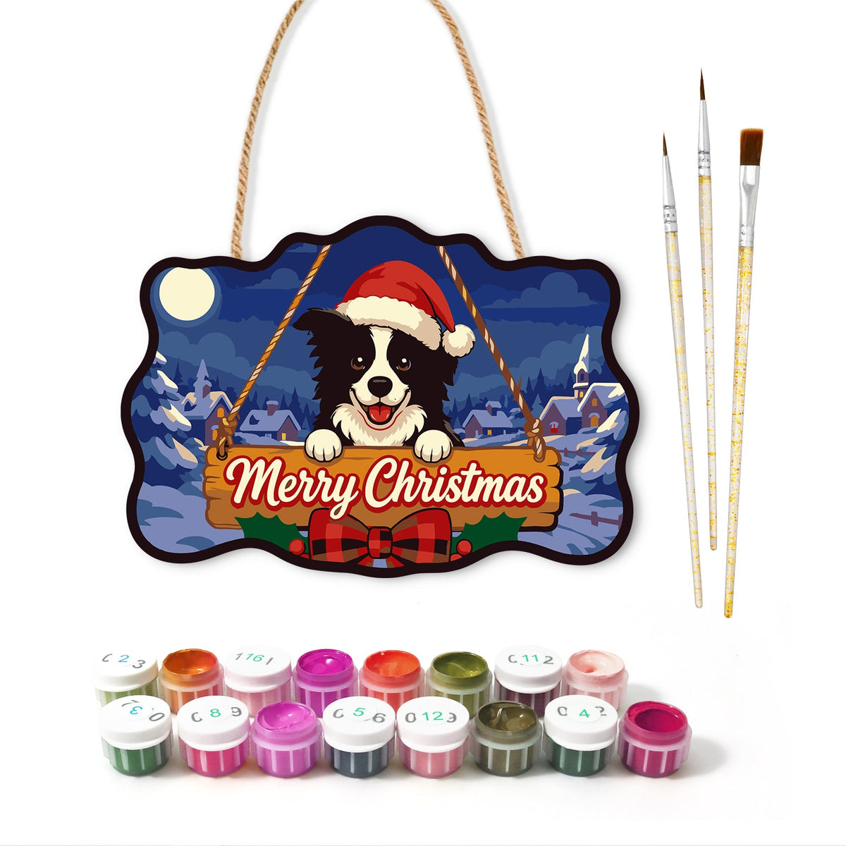Collie merry christmas paint by numbers door hanger with paints and brushes