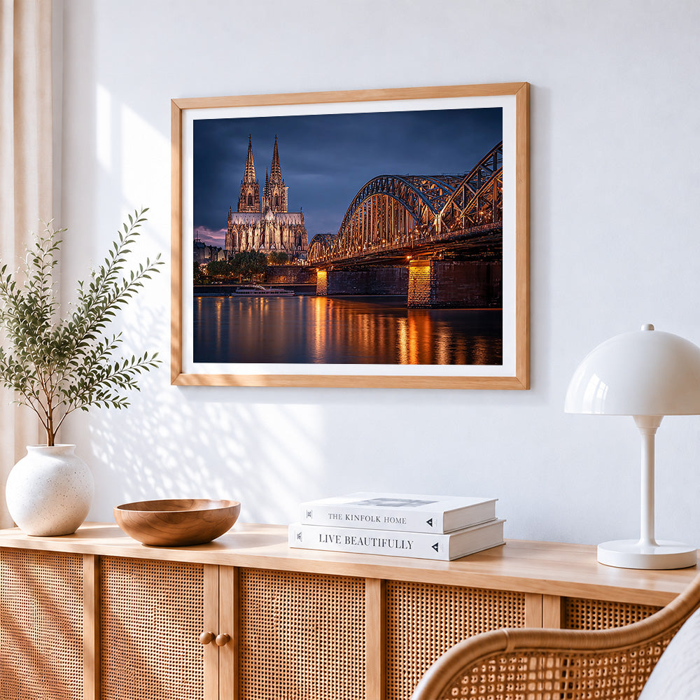 Cologne cathedral and bridge at night paint by numbers artwork displayed on wall as home decor