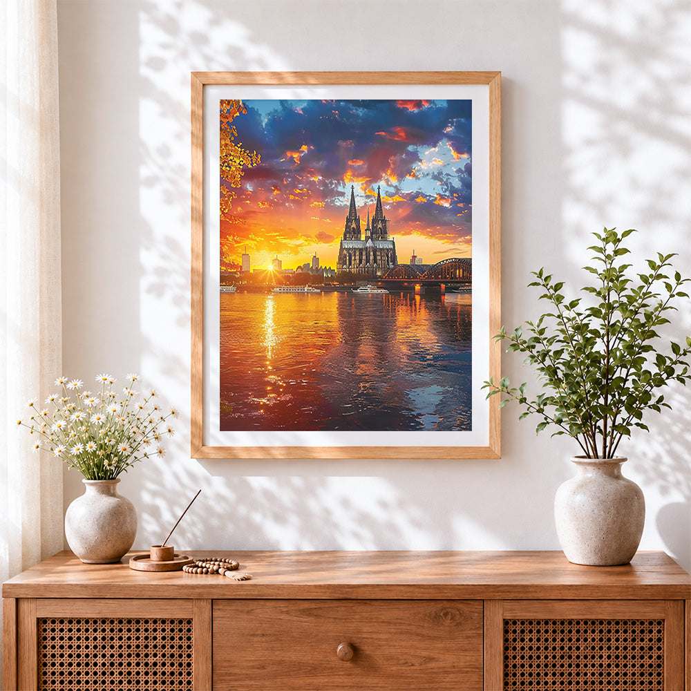 Finished cologne cathedral at sunset cross stitch artwork displayed