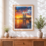 Finished cologne cathedral at sunset cross stitch artwork displayed