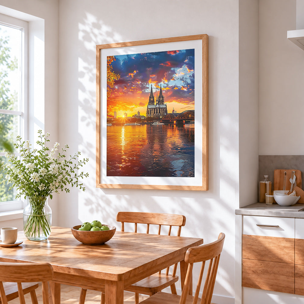 Cologne cathedral at sunset cross stitch artwork displayed on wall as home decor