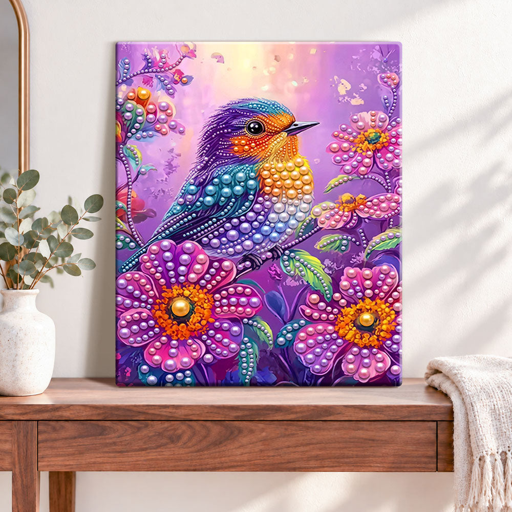 Finished colourful bird among flowers pearl diamond painting artwork displayed as home decor