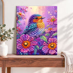 Finished colourful bird among flowers pearl diamond painting artwork displayed as home decor