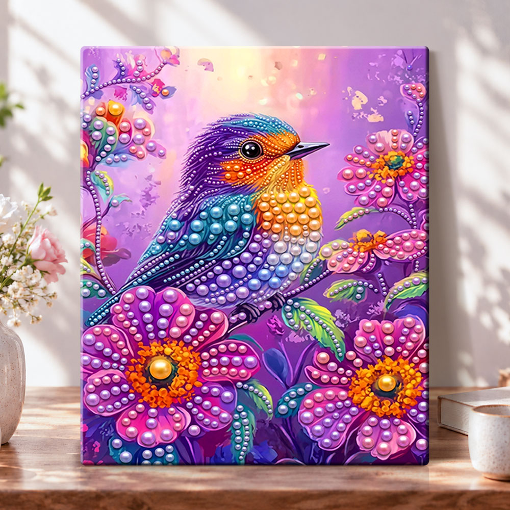 Colourful bird among flowers pearl diamond painting kit for beginners