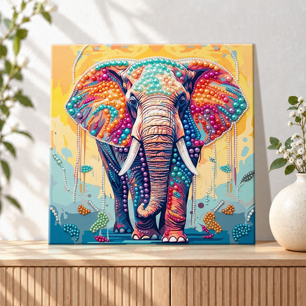 Finished colourful bohemian elephant pearl diamond painting artwork displayed as holiday home decor
