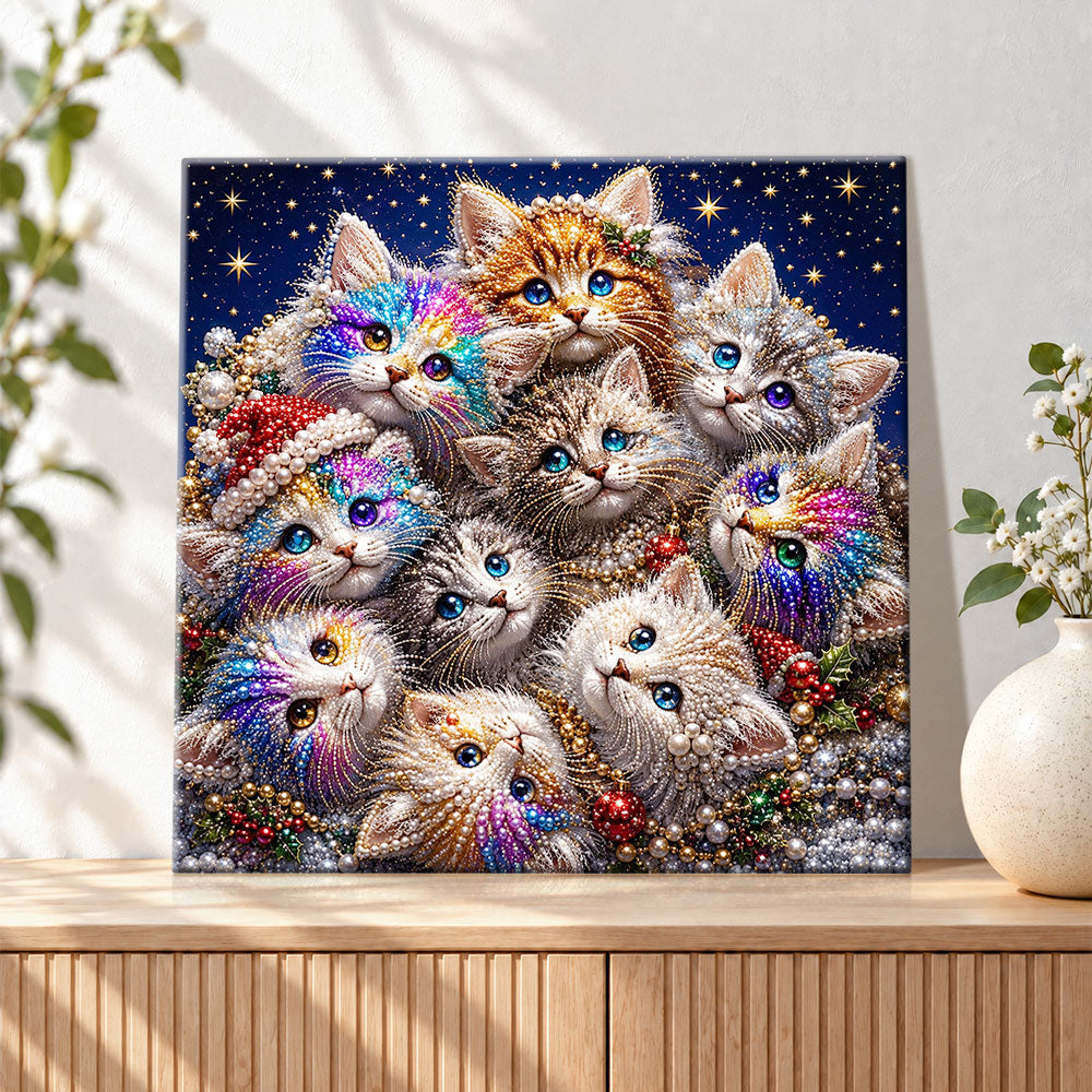 Finished colourful christmas kitty cluster pearl diamond painting artwork displayed as holiday home decor