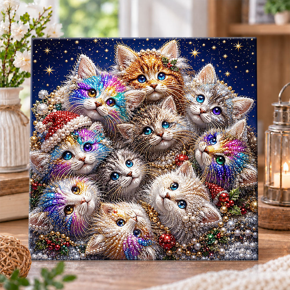 Colourful christmas kitty cluster pearl diamond painting kit for beginners