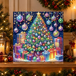 Finished colourful christmas tree with gifts pearl diamond painting artwork displayed as holiday home decor