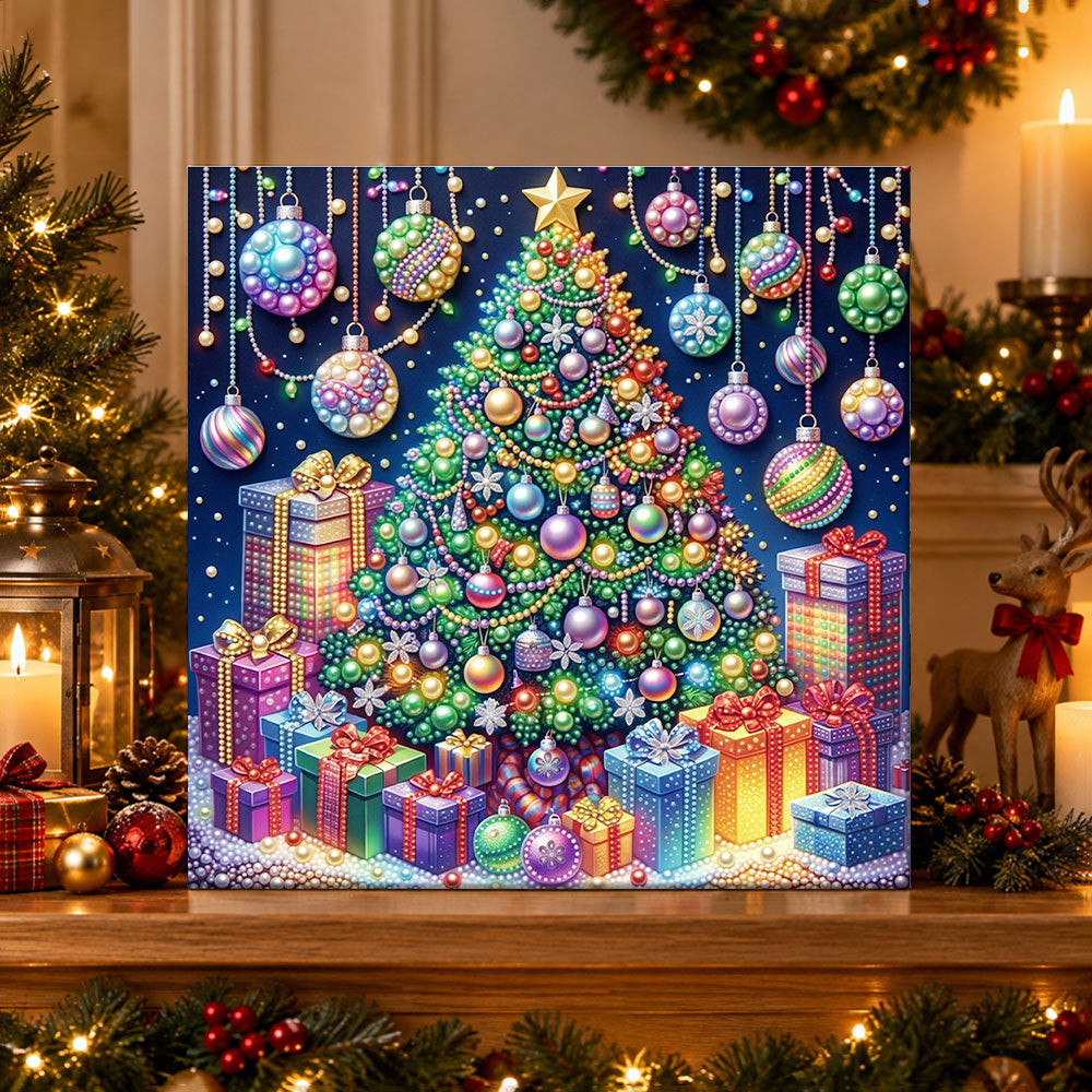 Finished colourful christmas tree with gifts pearl diamond painting artwork displayed as holiday home decor