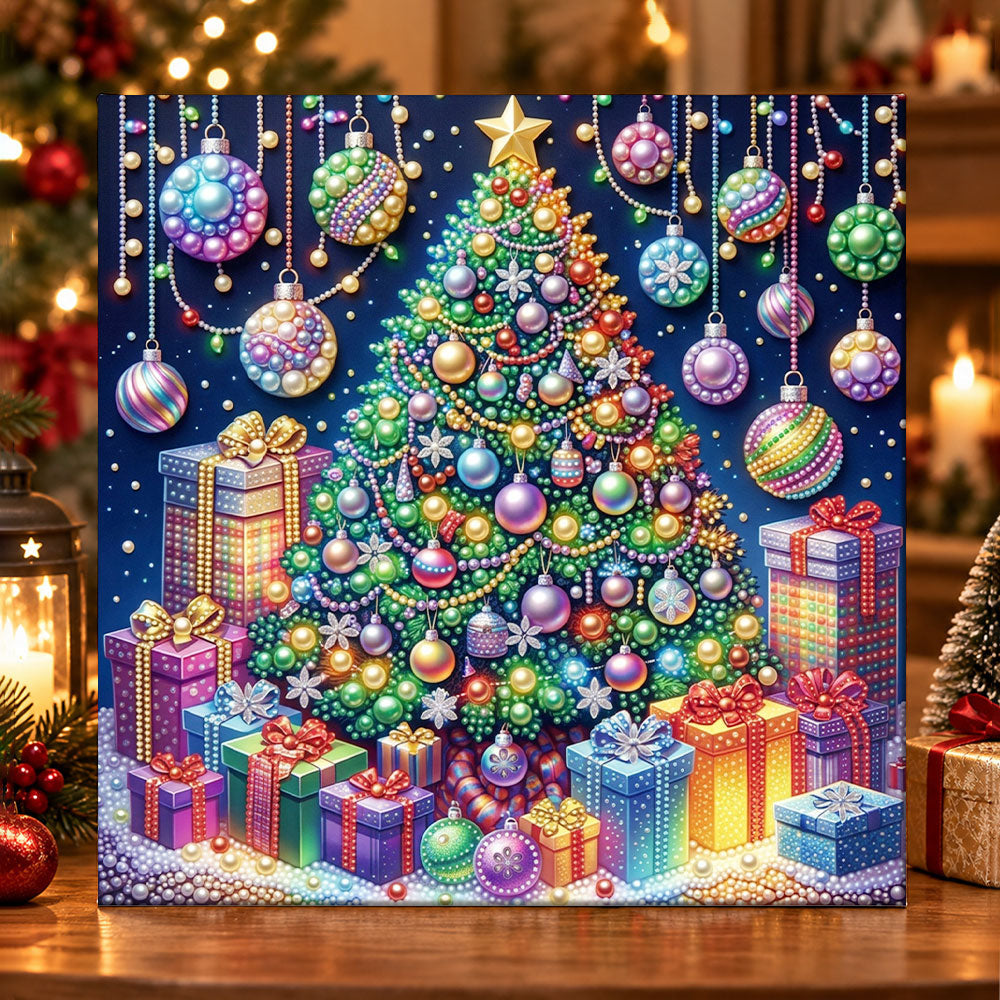 Colourful christmas tree with gifts pearl diamond painting kit for beginners
