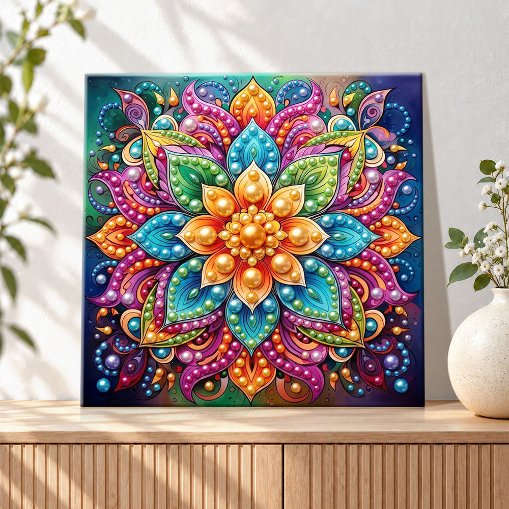 Finished colourful floral mandala pearl diamond painting artwork displayed as holiday home decor