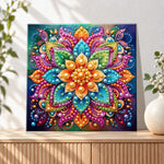 Finished colourful floral mandala pearl diamond painting artwork displayed as holiday home decor