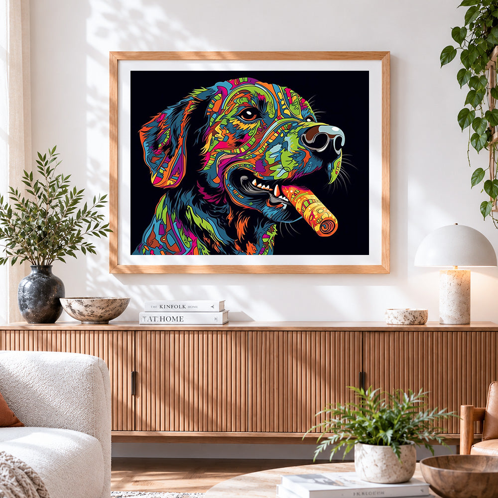 Finished colorful graffiti style dog cross stitch artwork displayed