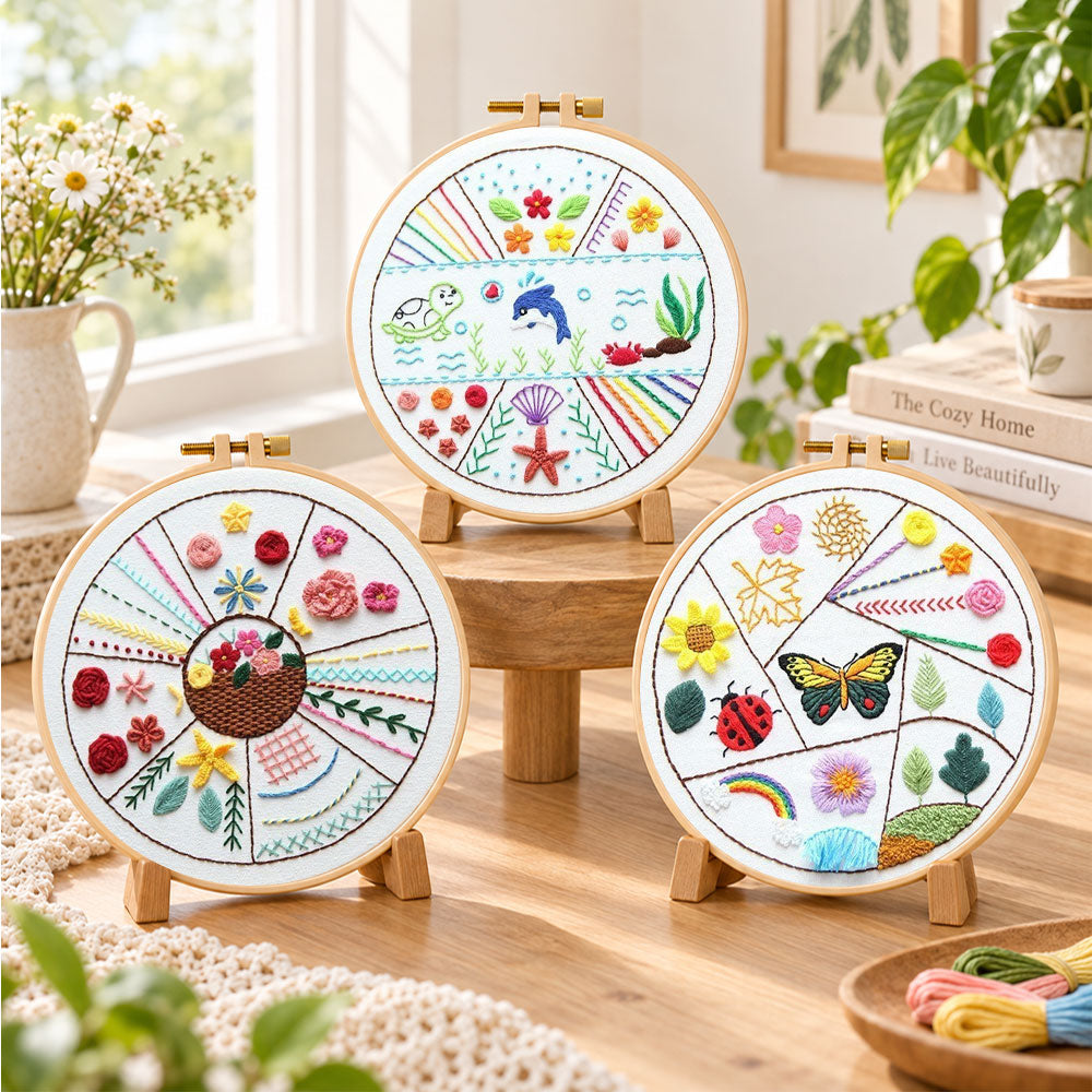 colourful nature embroidery design embroidery kit finished hoop displayed on a wooden stand as cozy tabletop decor