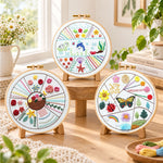 colourful nature embroidery design embroidery kit finished hoop displayed on a wooden stand as cozy tabletop decor